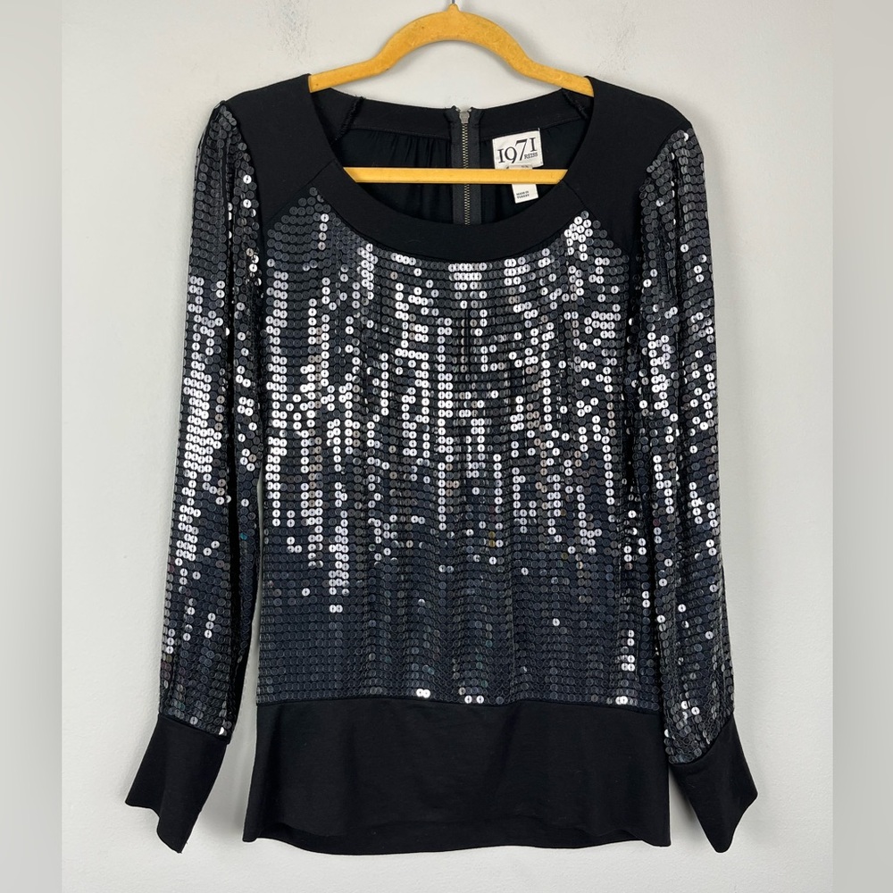 Reiss 1971 Women’s XS Black Knit Sequin Embellished Long Sleeve Top